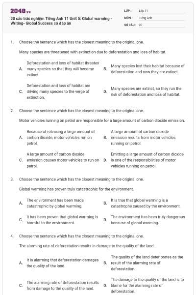 20 câu trắc nghiệm Tiếng Anh 11 Unit 5: Global warming -Writing- Global Success có đáp án