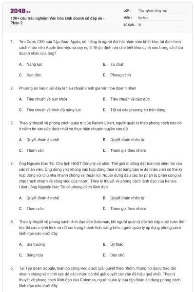 120+ câu trắc nghiệm Văn hóa kinh doanh có đáp án - Phần 2