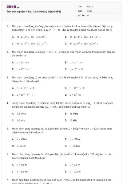 Trắc trắc nghiệm Vật Lí 12 Dao Động điện từ (P1)