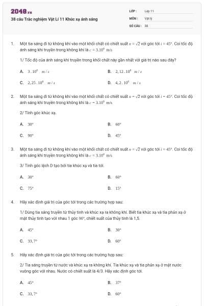 38 câu Trắc nghiệm Vật Lí 11 Khúc xạ ánh sáng