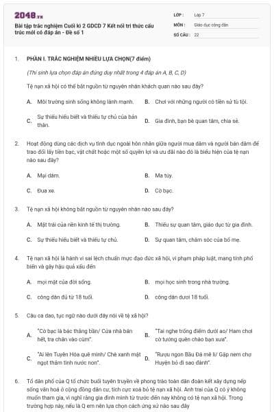 Bài tập trắc nghiệm Cuối kì 2 GDCD 7 Kết nối tri thức cấu trúc mới có đáp án - Đề số 1