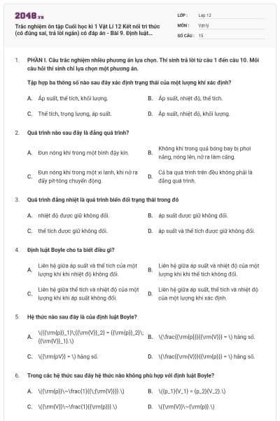 Trắc nghiệm ôn tập Cuối học kì 1 Vật Lí 12 Kết nối tri thức (có đúng sai, trả lời ngắn) có đáp án - Bài 9. Định luật Boyle