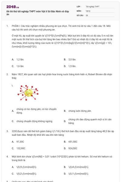 Đề thi thử tốt nghiệp THPT môn Vật lí Sở Bắc Ninh có đáp án