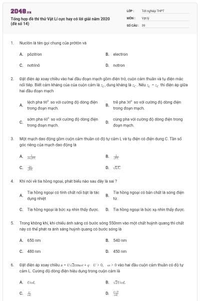 Tổng hợp đề thi thử Vật Lí cực hay có lời giải năm 2020 (đề số 14)