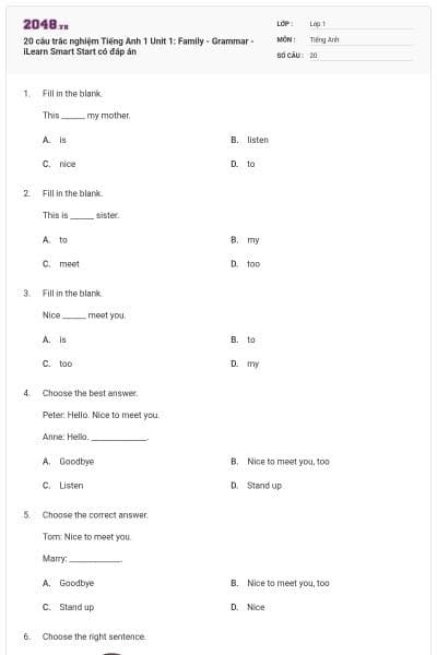 20 câu trắc nghiệm Tiếng Anh 1 Unit 1: Family - Grammar - iLearn Smart Start có đáp án