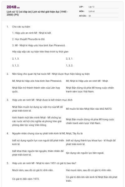 Lịch sử 12 (có đáp án) Lịch sử thế giới hiện đại (1945 - 2000) (P5)