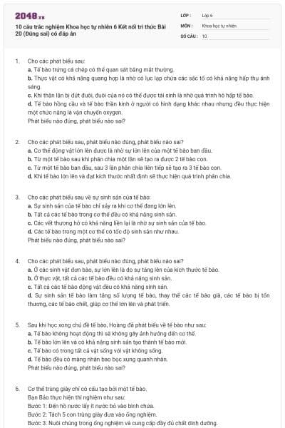 10 câu trắc nghiệm Khoa học tự nhiên 6 Kết nối tri thức Bài 20 (Đúng sai) có đáp án