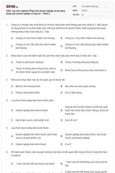 300+ câu trắc nghiệm Pháp chế doanh nghiệp và kỹ năng pháp chế doanh nghiệp có đáp án - Phần 2