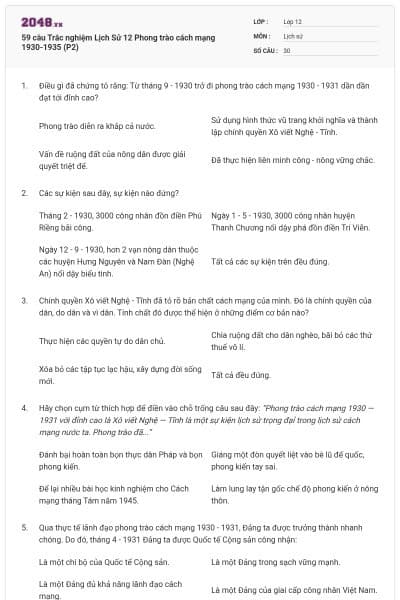 59 câu Trắc nghiệm Lịch Sử 12 Phong trào cách mạng 1930-1935 (P2)