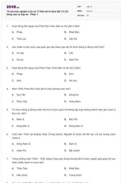 70 câu trắc nghiệm Lịch sử 12 Kết nối tri thức Bài 12 (Có đúng sai) có đáp án - Phần 1