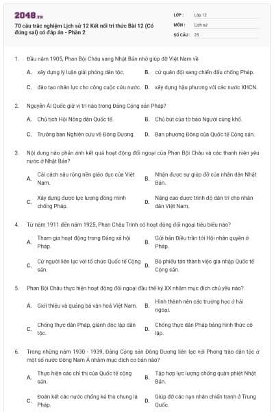70 câu trắc nghiệm Lịch sử 12 Kết nối tri thức Bài 12 (Có đúng sai) có đáp án - Phần 2