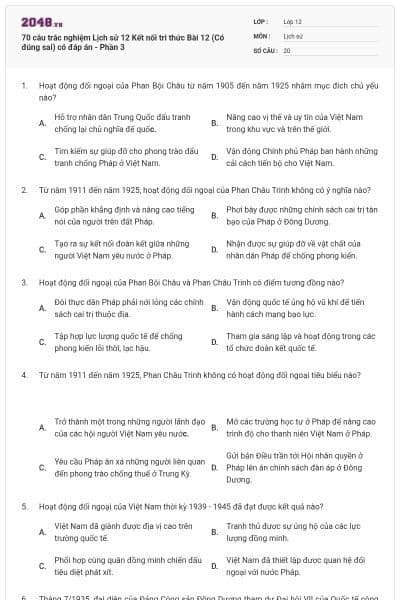 70 câu trắc nghiệm Lịch sử 12 Kết nối tri thức Bài 12 (Có đúng sai) có đáp án - Phần 3