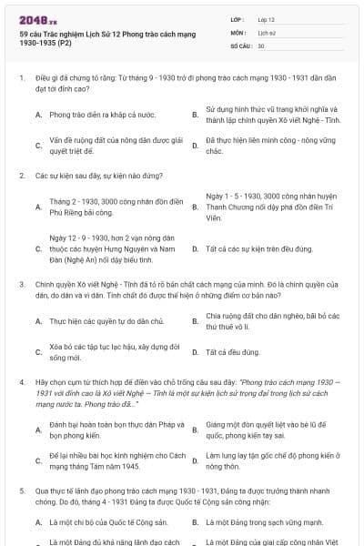 59 câu Trắc nghiệm Lịch Sử 12 Phong trào cách mạng 1930-1935 (P2)