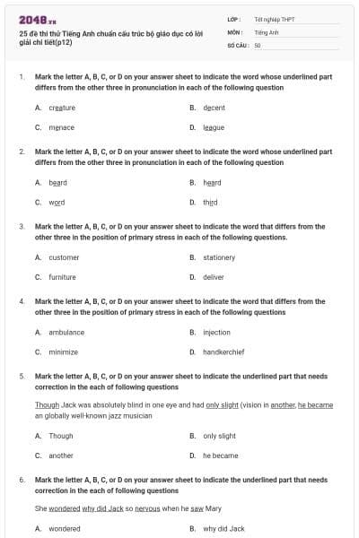25 đề thi thử Tiếng Anh chuẩn cấu trúc bộ giáo dục có lời giải chi tiết(p12)