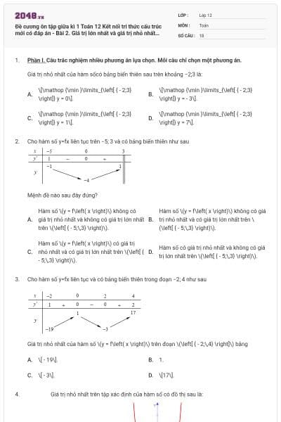 Đề cương ôn tập giữa kì 1 Toán 12 Kết nối tri thức cấu trúc mới có đáp án - Bài 2. Giá trị lớn nhất và giá trị nhỏ nhất của hàm số