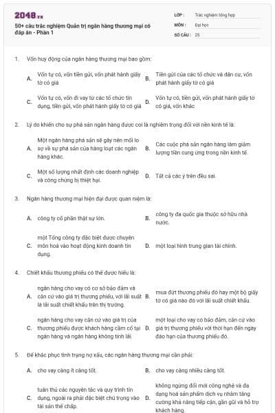 50+ câu trắc nghiệm Quản trị ngân hàng thương mại có đáp án - Phần 1