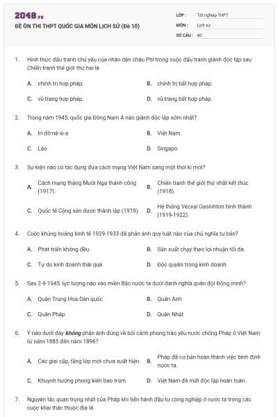 ĐỀ ÔN THI THPT QUỐC GIA MÔN LỊCH SỬ (Đề 10)