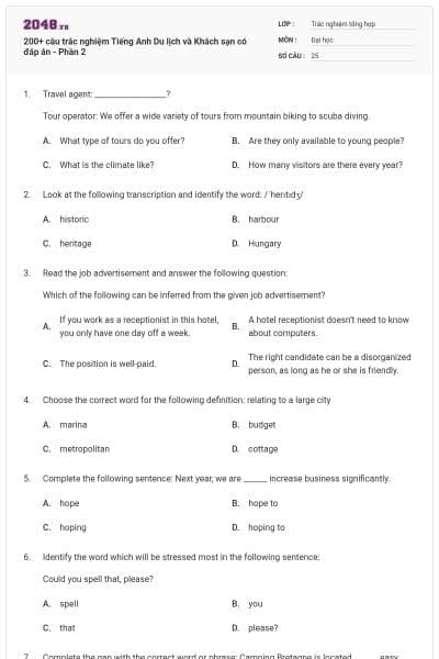 200+ câu trắc nghiệm Tiếng Anh Du lịch và Khách sạn có đáp án - Phần 2