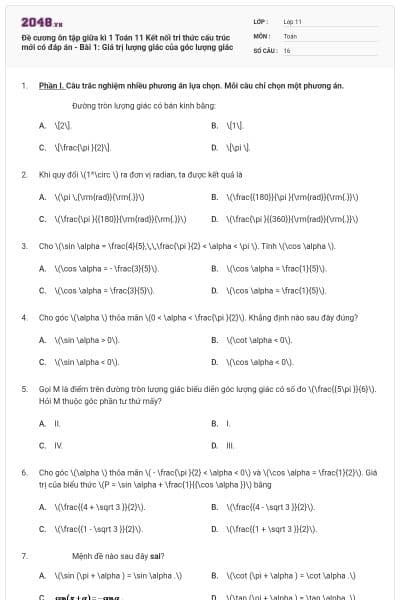 Đề cương ôn tập giữa kì 1 Toán 11 Kết nối tri thức cấu trúc mới có đáp án - Bài 1: Giá trị lượng giác của góc lượng giác