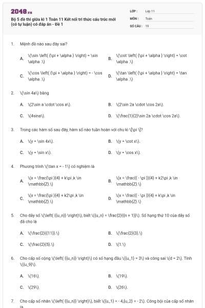 Bộ 5 đề thi giữa kì 1 Toán 11 Kết nối tri thức cấu trúc mới (có tự luận) có đáp án - Đề 1