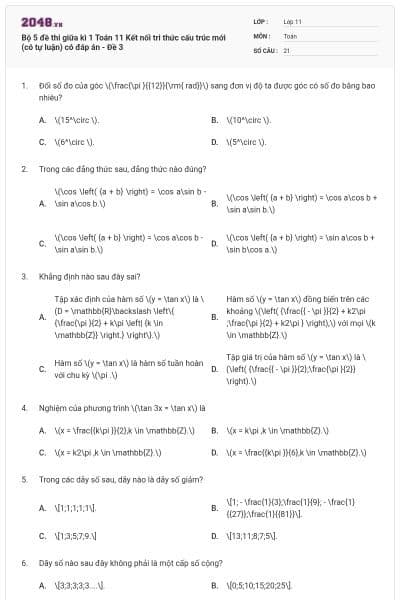 Bộ 5 đề thi giữa kì 1 Toán 11 Kết nối tri thức cấu trúc mới (có tự luận) có đáp án - Đề 3