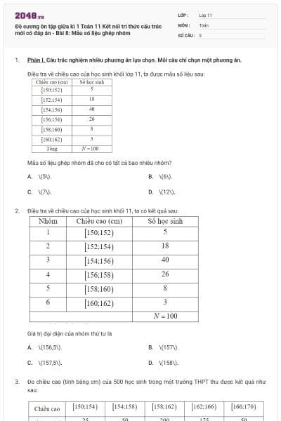 Đề cương ôn tập giữa kì 1 Toán 11 Kết nối tri thức cấu trúc mới có đáp án - Bài 8: Mẫu số liệu ghép nhóm