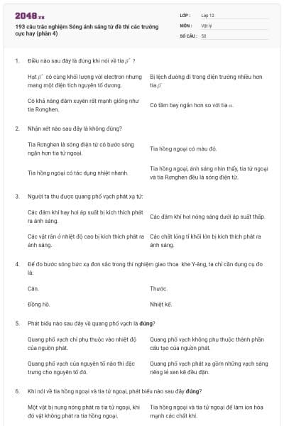 193 câu trắc nghiệm Sóng ánh sáng từ đề thi các trường cực hay (phần 4)