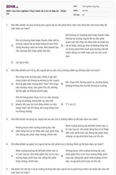 400+ câu trắc nghiệm Thực hành lái ô tô có đáp án - Phần 29
