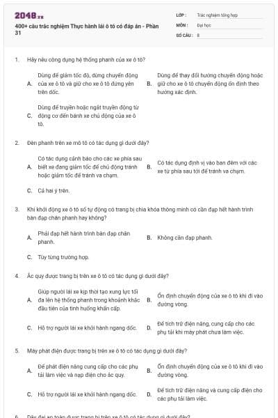 400+ câu trắc nghiệm Thực hành lái ô tô có đáp án - Phần 31