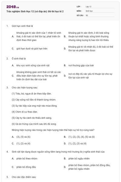 Trắc nghiệm Sinh Học 12 (có đáp án): Đề thi học kì 2