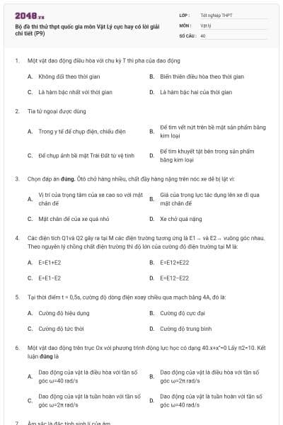 Bộ đề thi thử thpt quốc gia môn Vật Lý cực hay có lời giải chi tiết (P9)