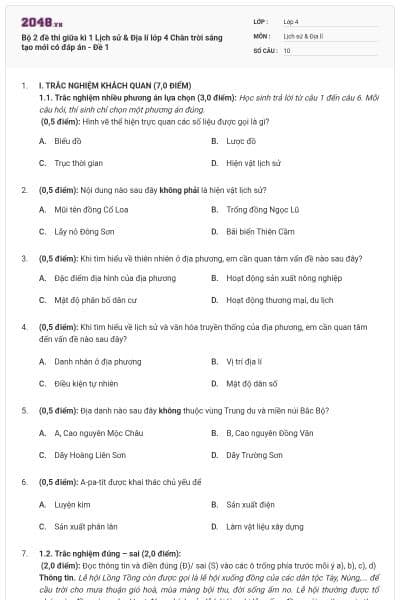 Bộ 2 đề thi giữa kì 1 Lịch sử & Địa lí lớp 4 Chân trời sáng tạo mới có đáp án - Đề 1
