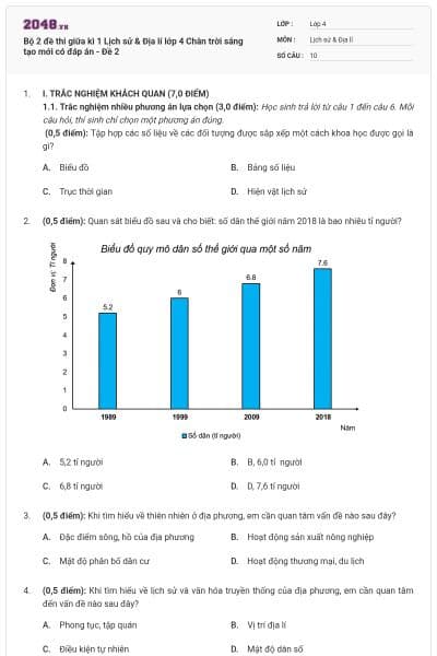 Bộ 2 đề thi giữa kì 1 Lịch sử & Địa lí lớp 4 Chân trời sáng tạo mới có đáp án - Đề 2