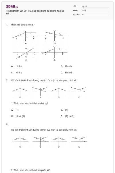 Trắc nghiệm Vật Lí 11 Mắt và các dụng cụ quang học(Đề số 1)
