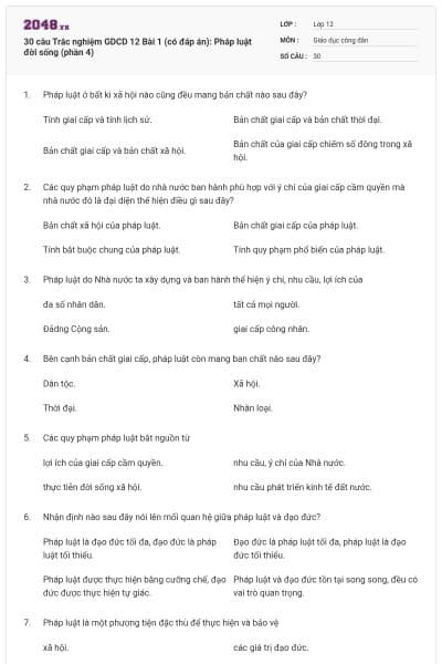 30 câu Trắc nghiệm GDCD 12 Bài 1 (có đáp án): Pháp luật đời sống (phần 4)