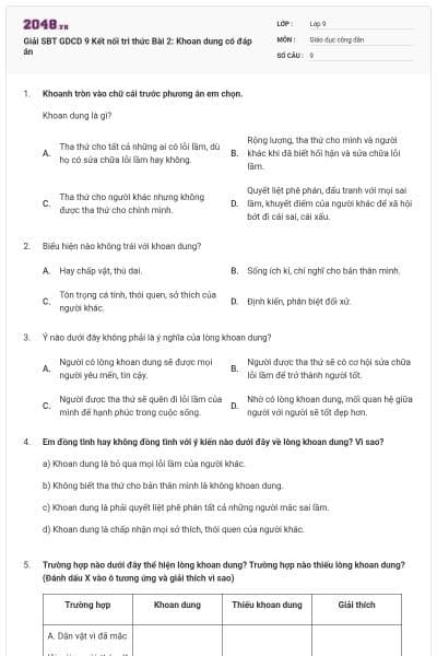 Giải SBT GDCD 9 Kết nối tri thức Bài 2: Khoan dung có đáp án