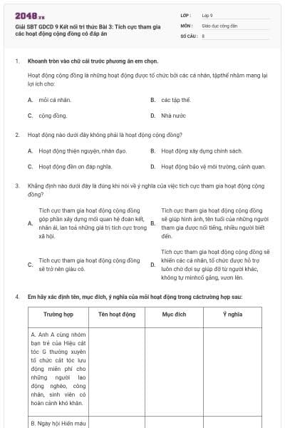 Giải SBT GDCD 9 Kết nối tri thức Bài 3: Tích cực tham gia các hoạt động cộng đồng có đáp án