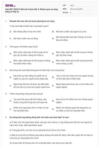 Giải SBT GDCD 9 Kết nối tri thức Bài 4: Khách quan và công bằng có đáp án