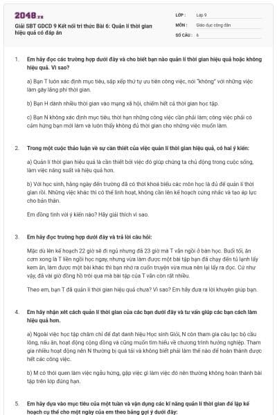 Giải SBT GDCD 9 Kết nối tri thức Bài 6: Quản lí thời gian hiệu quả có đáp án