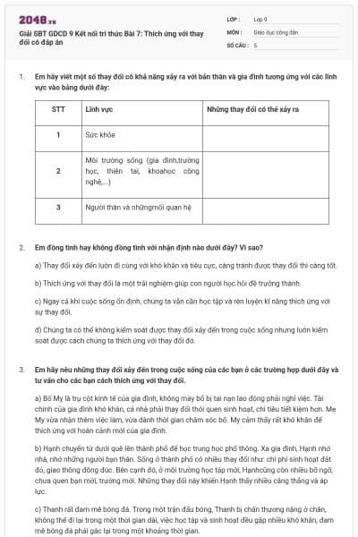 Giải SBT GDCD 9 Kết nối tri thức Bài 7: Thích ứng với thay đổi có đáp án