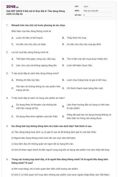 Giải SBT GDCD 9 Kết nối tri thức Bài 8: Tiêu dùng thông minh có đáp án