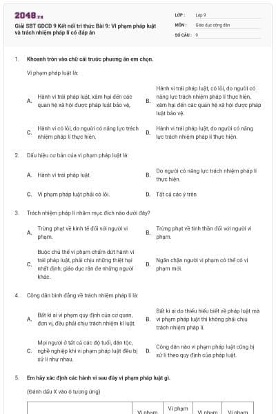 Giải SBT GDCD 9 Kết nối tri thức Bài 9: Vi phạm pháp luật và trách nhiệm pháp lí có đáp án