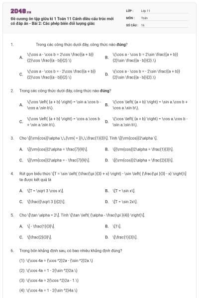 Đề cương ôn tập giữa kì 1 Toán 11 Cánh diều cấu trúc mới có đáp án - Bài 2: Các phép biến đổi lượng giác