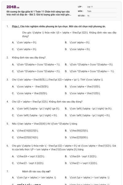 Đề cương ôn tập giữa kì 1 Toán 11 Chân trời sáng tạo cấu trúc mới có đáp án - Bài 2: Giá trị lượng giác của một góc lượng giác