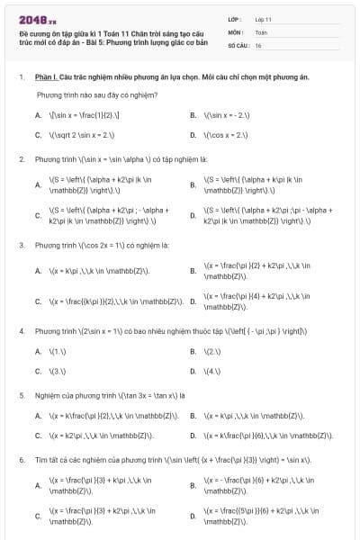 Đề cương ôn tập giữa kì 1 Toán 11 Chân trời sáng tạo cấu trúc mới có đáp án - Bài 5: Phương trình lượng giác cơ bản