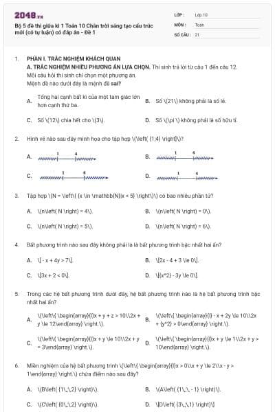 Bộ 5 đề thi giữa kì 1 Toán 10 Chân trời sáng tạo cấu trúc mới (có tự luận) có đáp án - Đề 1