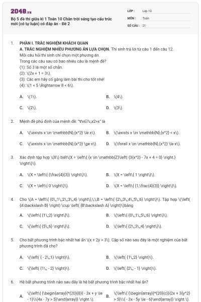 Bộ 5 đề thi giữa kì 1 Toán 10 Chân trời sáng tạo cấu trúc mới (có tự luận) có đáp án - Đề 2