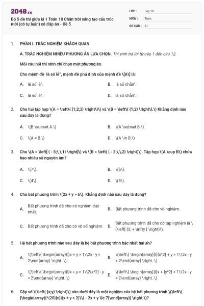 Bộ 5 đề thi giữa kì 1 Toán 10 Chân trời sáng tạo cấu trúc mới (có tự luận) có đáp án - Đề 5
