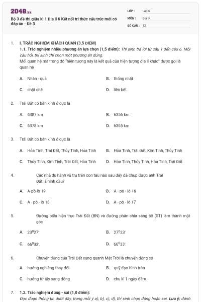 Bộ 3 đề thi giữa kì 1 Địa lí 6 Kết nối tri thức cấu trúc mới có đáp án - Đề 3