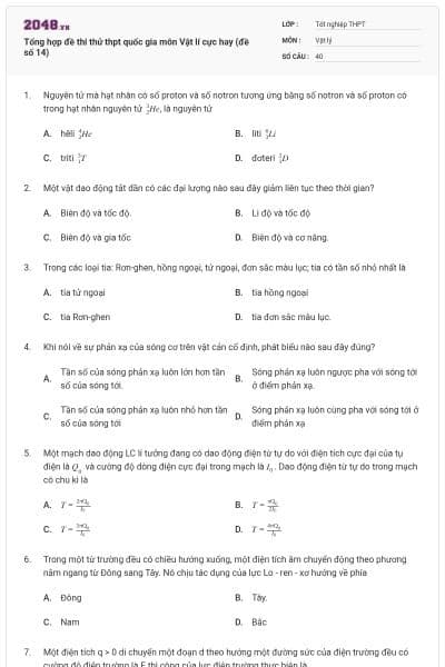 Tổng hợp đề thi thử thpt quốc gia môn Vật lí cực hay (đề số 14)